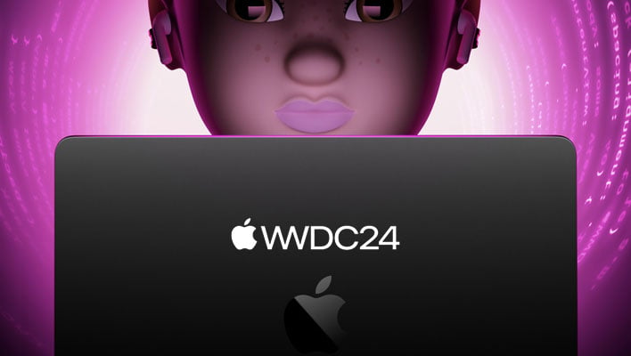 Cartoon character using a MacBook with WWDC2024 written on it.