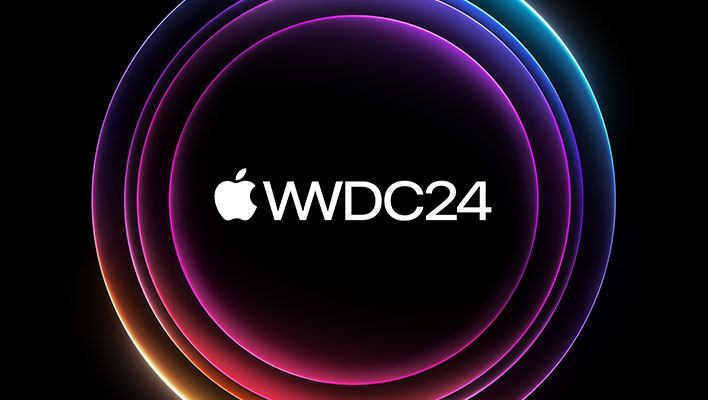 Apple WWDC24 graphic (multiple colored circles on black background with Apple's logo and 'WWDC24' written in the middle in white).