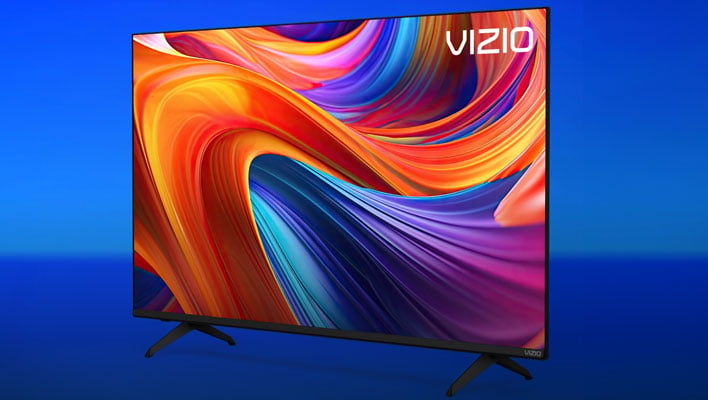 Angled render of a Vizio TV on a blue background.