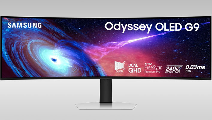 Samsung Odyssey G9 monitor on a gray gradient background.