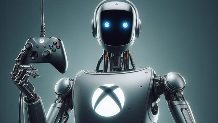 A robot with an Xbox logo on his chest, holding an Xboc controller.