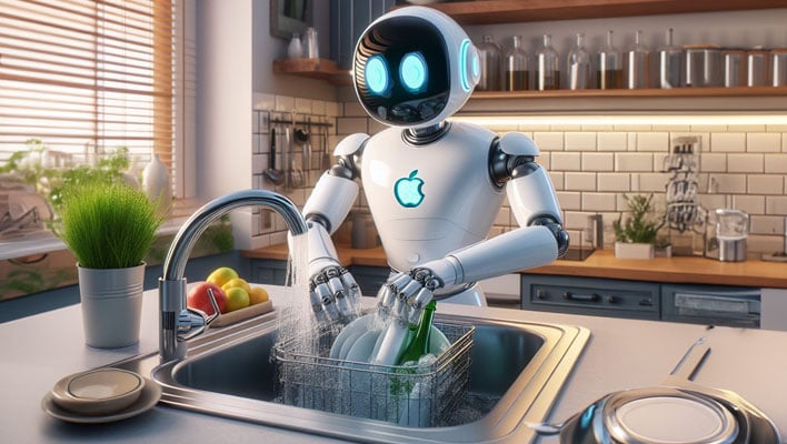 Apple robot washing dishes in a sink.