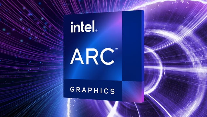 Intel Arc logo on a purplish background with lighting.