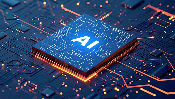 Closeup render of an AI chip on a circut board.