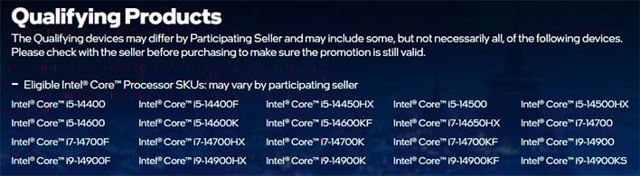 Listing of Intel's qualifying CPUs for its Star Wars Outlaw bundle offer.