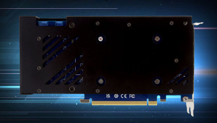 Backside render of Biostar's Arc A750 OC graphics card.