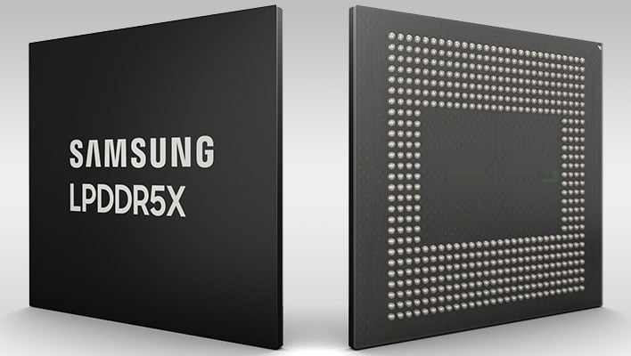 Front and back angled renders of Samsung's LPDDR5X memory chips on a gray gradient background.
