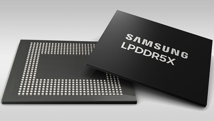 Rendering fronte e retro di due chip di memoria Samsung LPDDR5X su uno sfondo grigio sfumato.