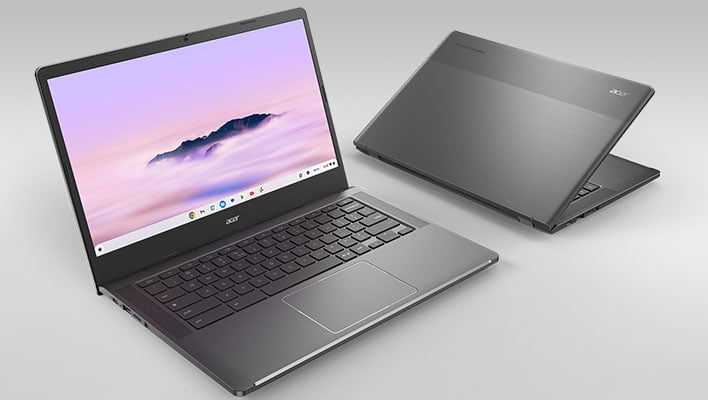 Angled front and rear views of Acer's Chromebook Plus 514 laptop on a gray gradient background.