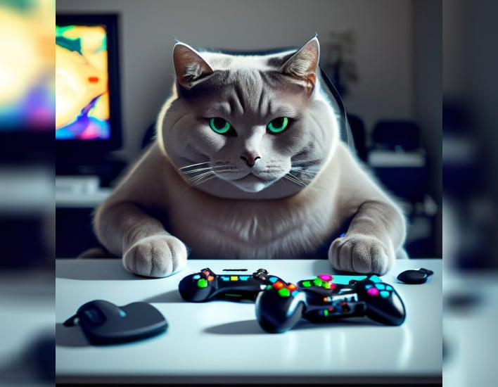 AI が生成したビデオゲームをする猫