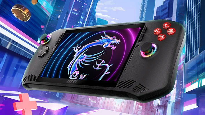 MSI Claw handheld on a cartoonish city-themed background.