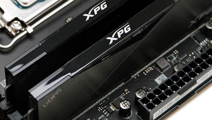 Closeup of XPG DDR5 RAM installed in a motherboard.