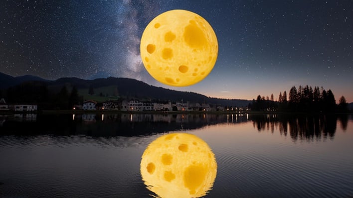 hero moon made of cheese over lake