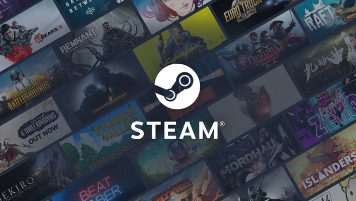 Steam logo and name on top of a bunch of angled game titles.