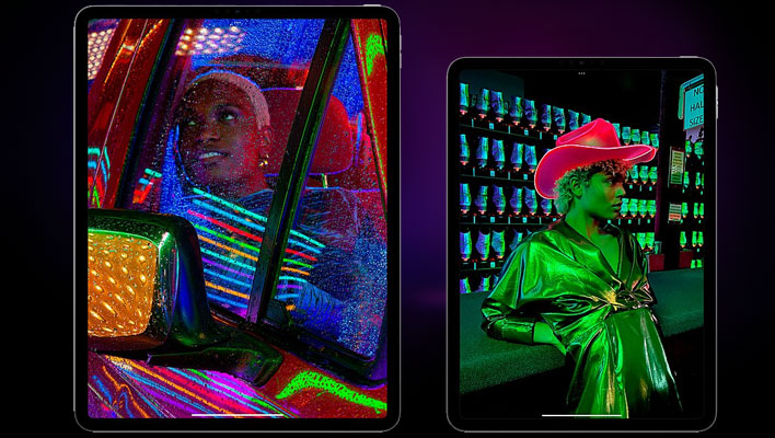 12.9-inch and 11-inch iPad Pro models on a black and blue background.