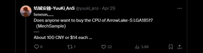 Post su X/Twitter di @yuuki_ans che richiama l'attenzione su una CPU Arrow Lake ES in Cina.