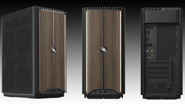 Front, angled, and rear views of Corsair's One i500 desktop gaming PC on a black gradient background.