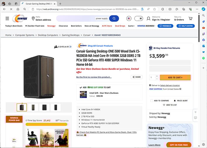 Screenshot of Newegg's listing for Corsair's One i500 desktop gaming PC.