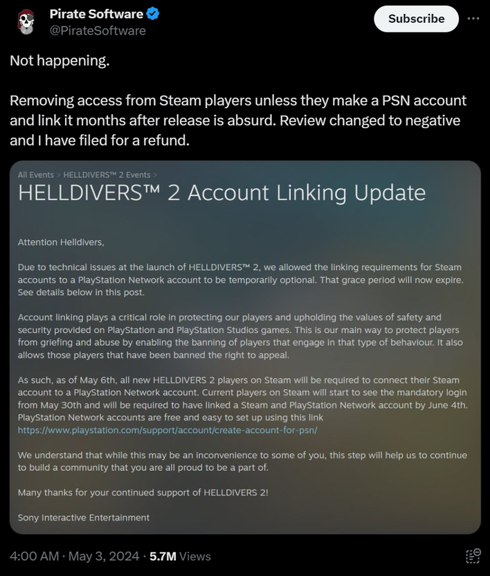 La liaison obligatoire du compte Playstation Network de Pirate Helldivers 2 est repoussée