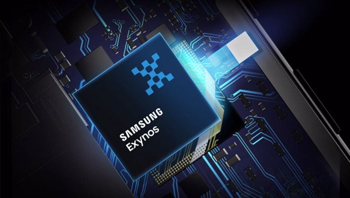 Angled render of a Samsung Exynos chip and NPU in a smartphone.