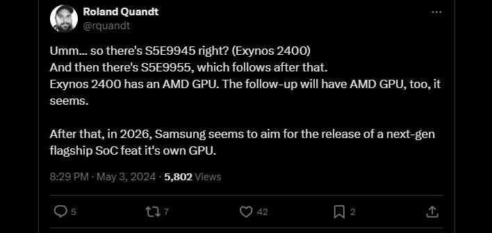 Roland Quandt X/Twitter post on Samsung's future Exynos plans.