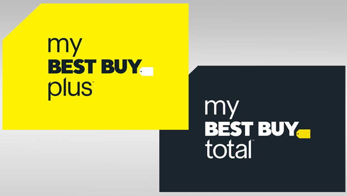 Odznaki członkowskie Best Buy Plus i Total na szarym, gradientowym tle.