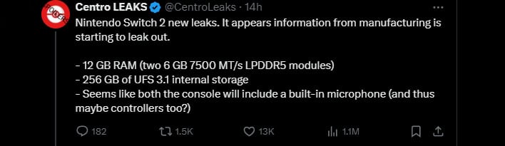 Post di Centro LEAKS X/Twitter sulla RAM dello Switch 2 e sulle specifiche di archiviazione.