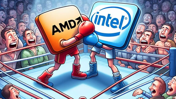 AMD and Intel CPUs boxing in a ring surrounded by a crowd.