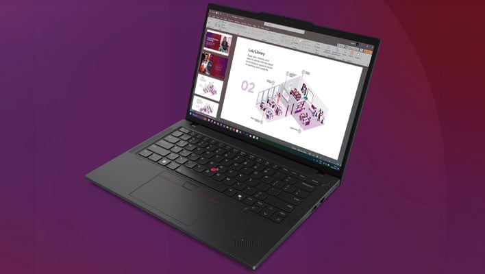 Angled view of Lenovo's ThinkPad P14s Gen 5 mobile workstation on a purple gradient background.