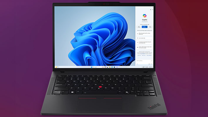 Angled view of Lenovo's ThinkPad P14s Gen 5 mobile workstation on a purple gradient background.