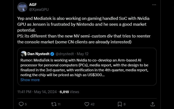X/Twitter ユーザー AGF (@XpeaGPU) は、NVIDIA GPU を搭載したゲーム ハンドヘルドを開発している MediaTek についてコメントしています。