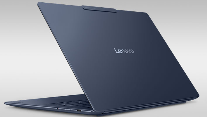 Rear angled view of Lenovo's Yoga Slim 7x on a gray gradient background.