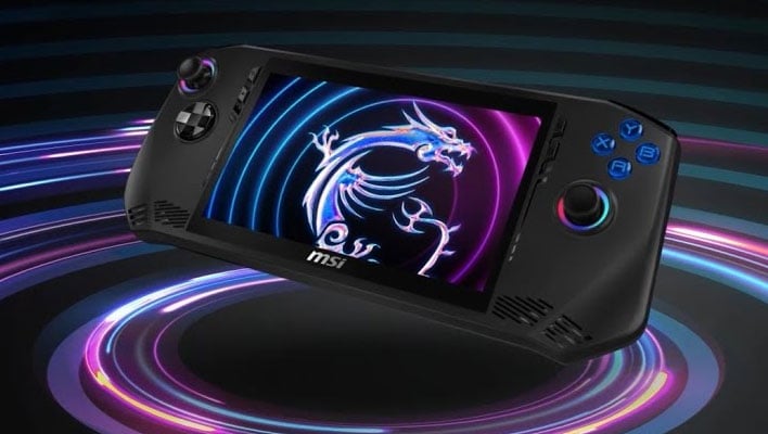 Angled MSI Claw gaming handheld hovering above swirling lights on a black background.