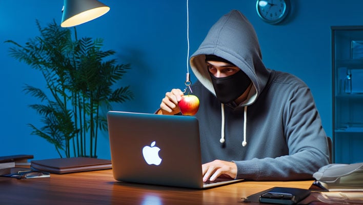 A hacker holding a fishing line with an apple used as bait, dangling in front of a MacBook.