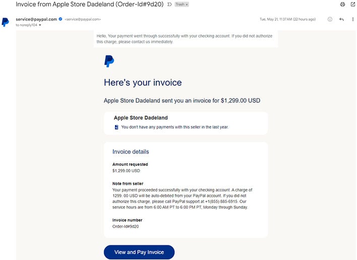 Email showing a PayPal invoice scam.