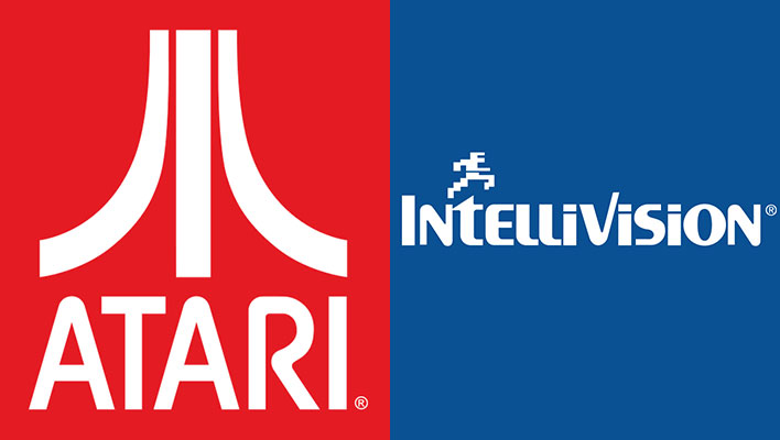 Atari logo on a red background next to the Intellivision logo on a blue background.