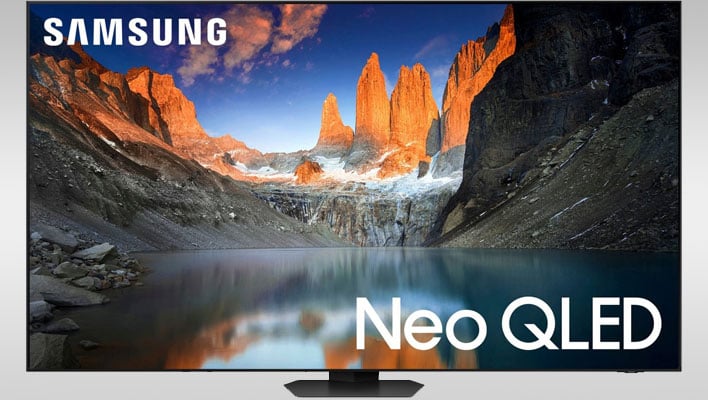 Mini telewizor LED Samsung QN90D Neo QLED na szarym, gradientowym tle.
