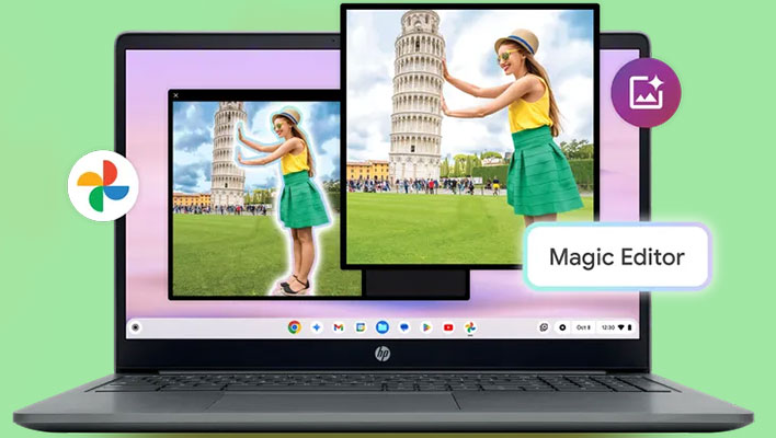 Edytor Google Magic na Chromebooku Plus, na jasnozielonym tle.