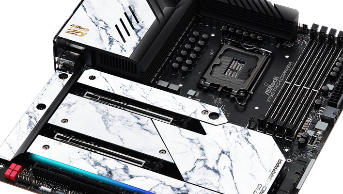 Closeup angled render of ASRock's Z790 Taichi Carrara motherboard.
