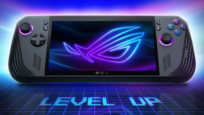 ASUS ROG Ally X gaming handheld on a blue background with a grid underneath the worlds, "Level up."