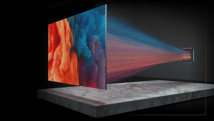 Render of Samsung's micro AI processor beaming colors to a micro LED TV that's hovering above a marble slab.