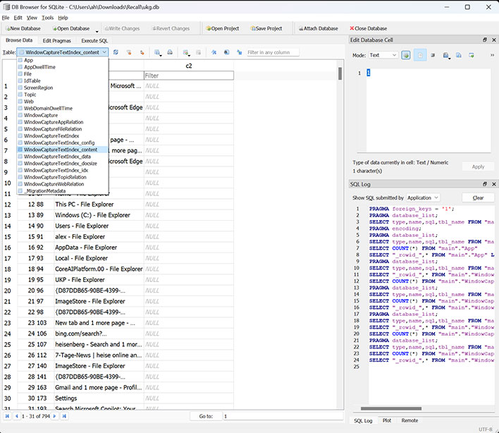 Database screenshot captured by TotalRecall.