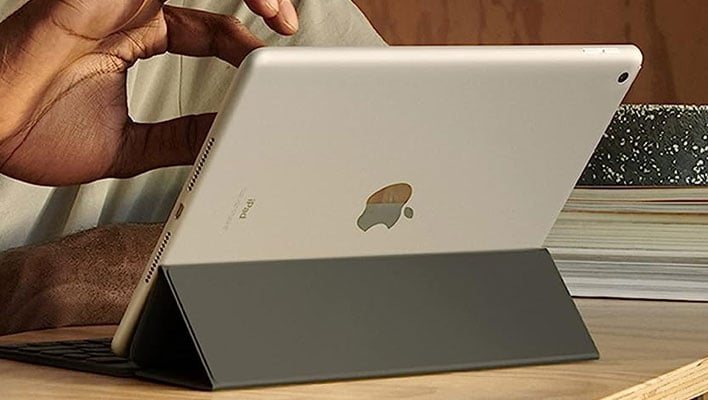 Rear shot of an iPad Pro with a cover case.