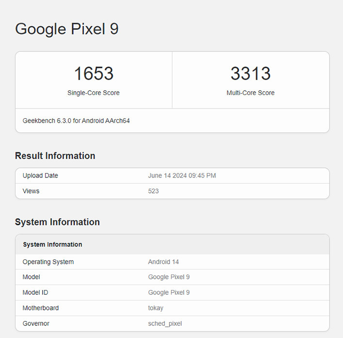 Screenshot of a Pixel 9 entry on Geekbench.