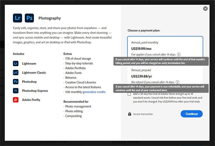 Screenshot of Adobe's Photography plan.