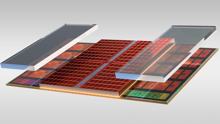 グレーのグラデーション背景の AMD 3D V-Cache 図。