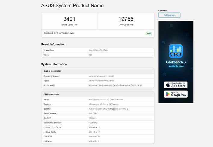 Geekbench scores for a Ryzen 9 9900X.
