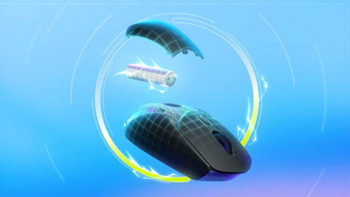 Logitech G309 Lightspeed gaming mouse with the cover removed and a battery hovering above, on a light blue background. 