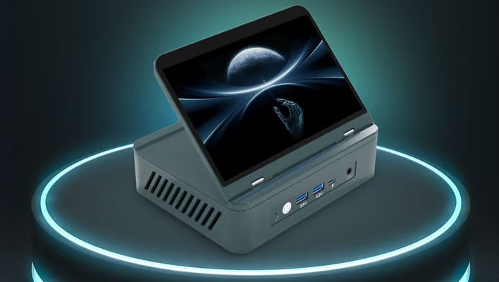 Render of Miniproca's mini pc with a flip-up display on a pedestal with LED light rings.