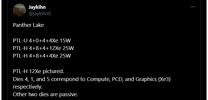 jaykihn-panther-lake-tweet Intel Core Extremely 300 Panther Lake Leak Reveals CPU And Xe3 GPU Core Configs